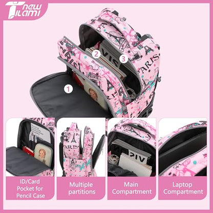 NEW TILAMI 18-Inch Rolling Backpack 6-Wheel for Kids School Travel - color: Pink Paris Cute
