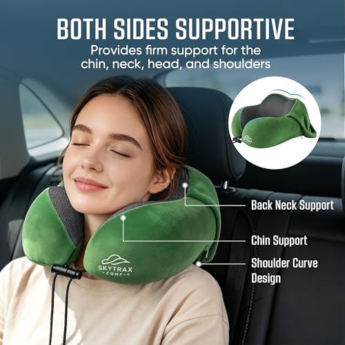SkytraxComf® Travel Neck Pillow with Hood for Privacy on Long Flights - color: Olive