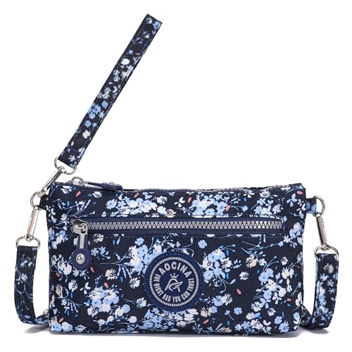 Small Wristlet Wallets for Women Nylon RFID Cross body bag - color: Floral Blue