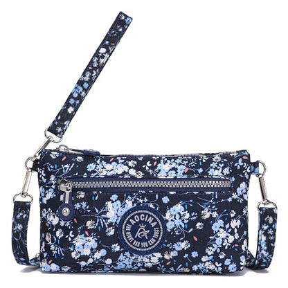 Small Wristlet Wallets for Women Nylon RFID Cross body bag - color: Floral Blue