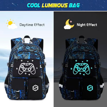 Scothen Boys Backpack, Cool Luminous Kids School Backpacks with Lunch Bag - color: Blue Print