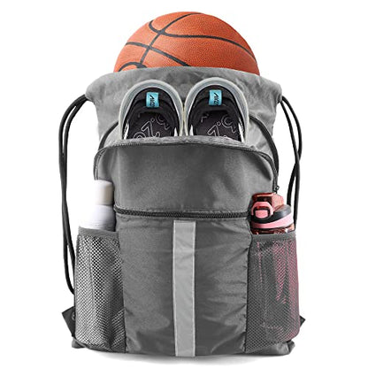 BeeGreen Drawstring Backpack Bag with Shoe Compartment, X-Large Black Gym Sports String Cinch Backpack - color: Grey