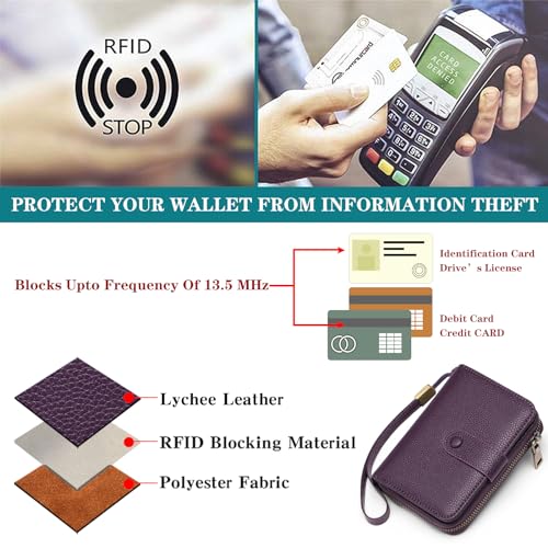 GAEKEAO Leather Credit Card Holder Wallet for Women RFID Blocking Large Capacity Bifold Zipper Card Case Organizer with Wristlet 32 Slots - color: A05-Purple-Large