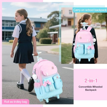 ACESAK Rolling Bow Backpack for Girls with Lunch Bag & Pencil Pouch - color: Pink Blue