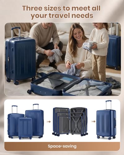 Kono 3 Piece Expandable Luggage Set with Spinner Wheels Hardshell, Navy - color: Navy, size: 3 Piece Set (20"/24"/28")