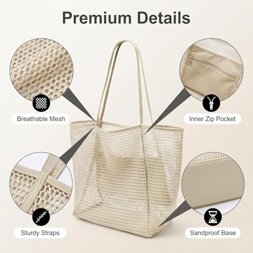 Mesh Beach Tote Bag for Women, Sandproof Quick Dry Foldable Travel Bag - color: White