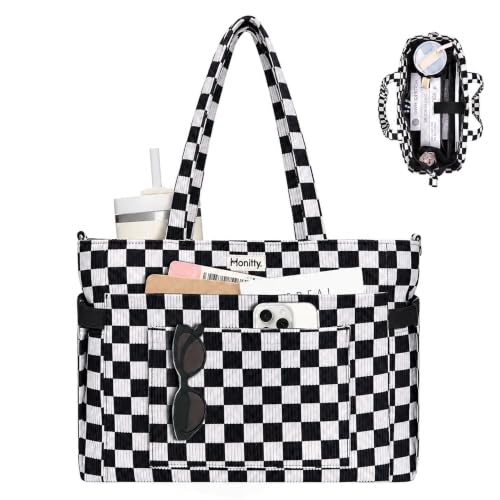 honitty Corduroy Tote Bag for Women,Checkered Shoulder Bag,17 Pocket Laptop Work Crossbody Handbag for Travel with Cup Pocket - color: Black and White