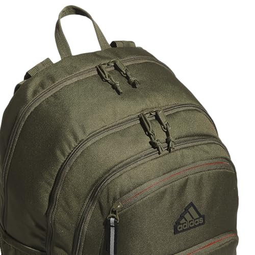 adidas Prime School Backpack 37L | Padded 17-In. Laptop Sleeve, Water-Bottle Pockets, LoadSpring Carry, Rolls With Your Suitcase, School Gym & Travel Ready - color: Olive Strata Green/Impact Orange/7a
