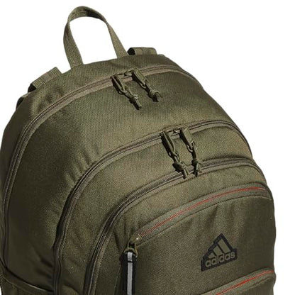 adidas Prime School Backpack 37L | Padded 17-In. Laptop Sleeve, Water-Bottle Pockets, LoadSpring Carry, Rolls With Your Suitcase, School Gym & Travel Ready - color: Olive Strata Green/Impact Orange/7a