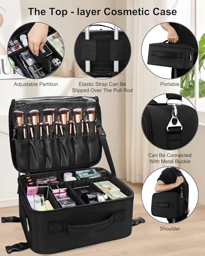 Relavel Rolling Makeup Case Professional Makeup Train Case, Rolling Makeup Kit Bag Makeup Artist Travel Bag with Wheels, Portable Travel Beauty Trolley Case for Cosmetology Storage(Black) - color: Black with 8 Mini Bags