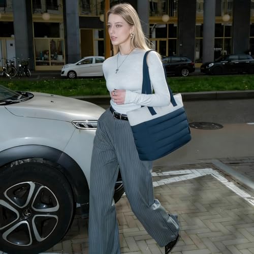 Axcone Puffer Tote Bag for Women Lightweight Quilted Work with Multi-Pockets, Laptop Compartment and Makeup Pouch Gift - color: Blue