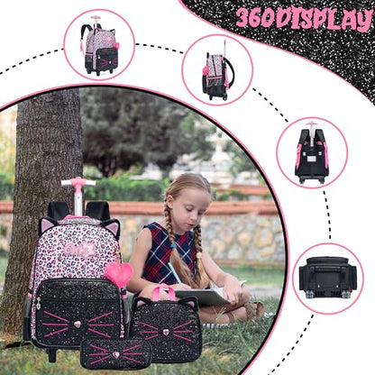 Meetbelify Rolling Backpack for Girls Backpack with Wheels for Elementary Student Kids School Bag with Lunch Box Pencil Case for Girls Ages 6-8 Years Old Purple - color: Rose