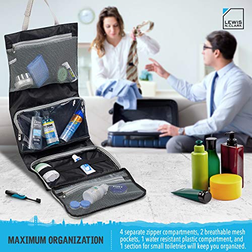 Lewis N. Clark Hanging Toiletry Bag for Travel Accessories, Shampoo, Cosmetics + Personal Items with Waterproof Compartment and Folding Design, Black