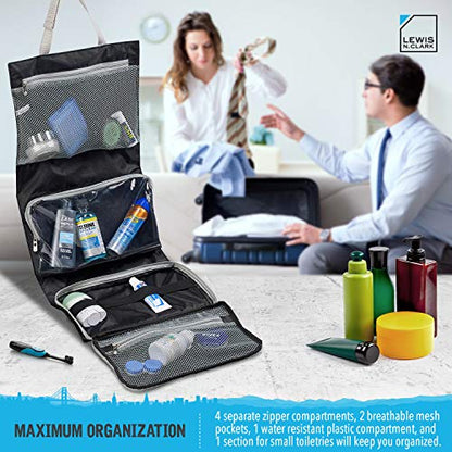 Lewis N. Clark Hanging Toiletry Bag for Travel Accessories, Shampoo, Cosmetics + Personal Items with Waterproof Compartment and Folding Design, Black