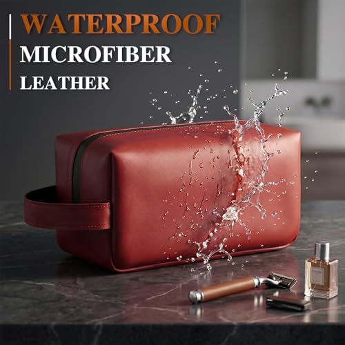 Leather Toiletry Bag for Men, Hanging Travel Toiletry Bag Dopp Kit | Water Resistant Bathroom Organizer with Waterproof Zipper & Handle - color: Wine Red