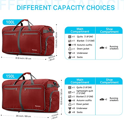 Gonex 100L Foldable Travel Duffle Bag with Shoe Compartment, Lightweight - color: Red, size: 100L