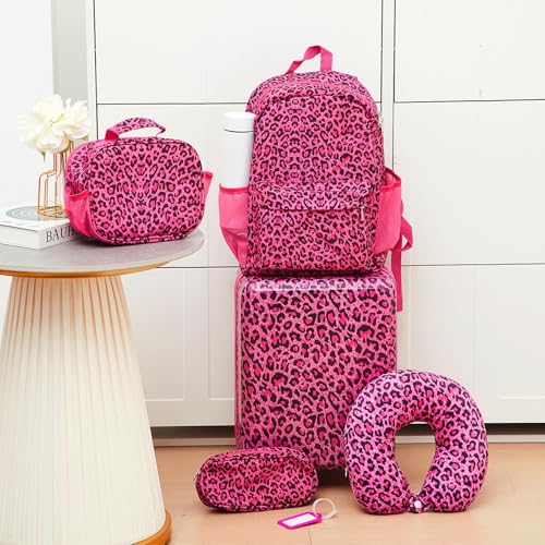Redbaker 6 Pcs Kids Luggage Set, 17 Inch, Pink Leopard Print - color: Hot Pink