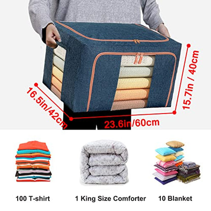 100L Large Storage Bags,Stackable Clothes Storage Bins with Hold Shape Metal Frame,Foldable Closet Organizer Containers with Zipper,Clear Window,Thick Fabric for Seasonal Clothing (Gray, 4 Pack)