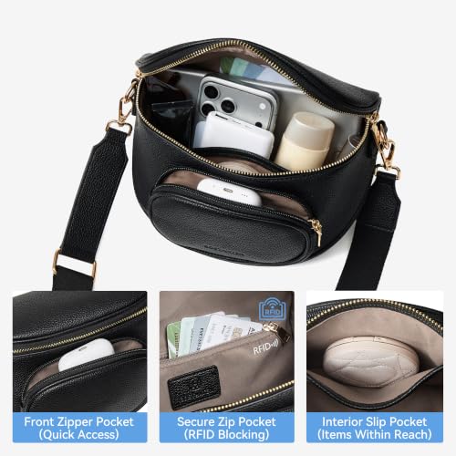 BOSTANTEN Bum Bag for Women Crossbody Bag with Adjustable Wide Strap - color: Faux Leather Black