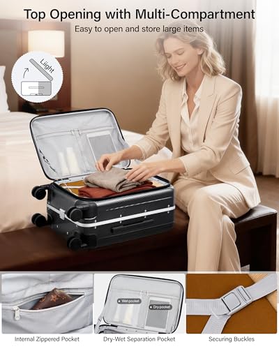 Hanke 24 Inch Checked Luggage PC Hard Shell Suitcases for Travel Front Opening Aluminum Frame Travel Luggage Rolling Suitcase with Wheels.(Jet Black) - color: Black, size: 24 Inch
