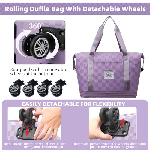 Rolling Duffle Bag with Wheels and Shoe Bag Expandable Foldable Travel Duffel Bag Carry on Luggage Bag Checkerboard Weekender Bag for Men Women - color: Purple+Shoe Bag