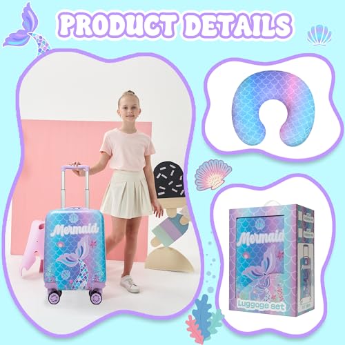 Cute Mermaid Kids Luggage Set 2 piece Kids Suitcase with Spinner Wheels 16" Childrens Luggage for Girls With Wheels Hard Shell Luggage Sets Airline Approved - color: 1007