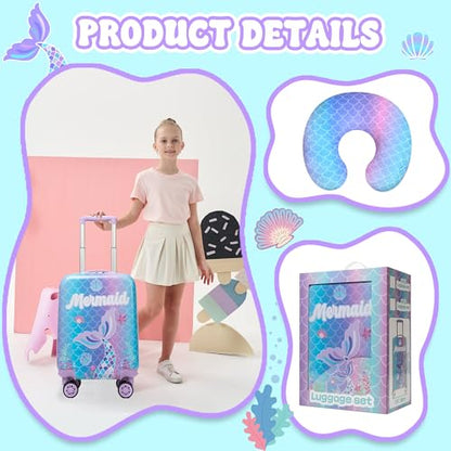 Cute Mermaid Kids Luggage Set 2 piece Kids Suitcase with Spinner Wheels 16" Childrens Luggage for Girls With Wheels Hard Shell Luggage Sets Airline Approved - color: 1007
