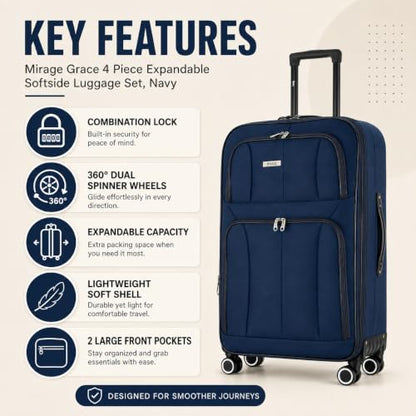 Mirage Grace 4 Piece Expandable Softside Luggage Set, Navy - color: Navy