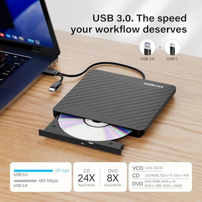 Amicool External USB-C USB 3.0 CD/DVD Drive Burner +/-RW, Ultra-Slim Portable DVD Player Writer Reader for Mac iMac MacBook, Windows 11/10/8 Linux, Laptop Desktop PC Computer Optical Drive - size: Ultra-Slim