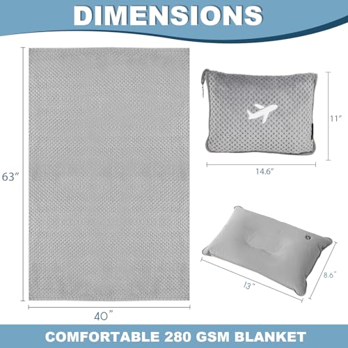 Travel Blanket Airplane Compact with Bag, Travel Essentials 3 in 1 Packable Airplane Blanket, Travel Pillow and Blanket Set, Inflatable Pillow, Luggage Sleeve & Backpack Clip (Light Grey) - color: Light Grey