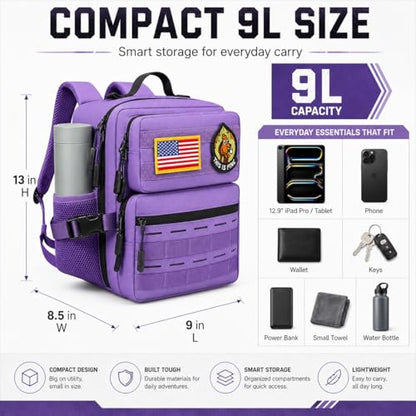 9L Mini Tactical Backpack, Small Hiking Travel Pack for Men, Purple - color: Purple