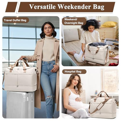 Travel Duffel Bag with Shoe Compartment,Overnight Weekender Bags for Women - color: Beige & Brown with Toiletry Bag