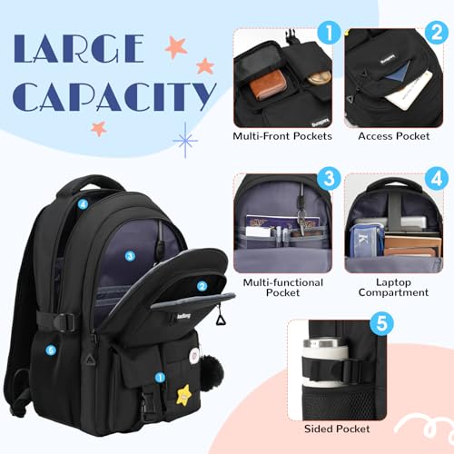 kadilong Teen Girls School Backpack Set,Laptop Backpack for College Student Women Middle High School Bookbag Mochila Escolares para Niñas Mujeres,Black - color: 3 Pack-black, size: 15,6 inch