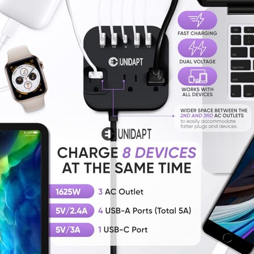 Unidapt UK Ireland Travel Plug Adapter, US to Europe Power Strip, Black