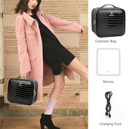Relavel Makeup Train Case With LED Mirror, Removable Partitions Bag - color: 02-Glossy Black, size: 1-Small