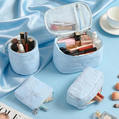 AMDAILY 4Pcs Quilted Makeup Bag Set, Bowknot Puffy Makeup Bag w/Bow Zipper - color: Sky Blue