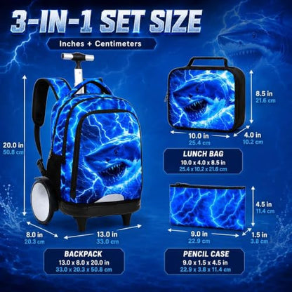 20 Inches Large Wheels Rolling Backpack for Boys with Detachable, 3Pcs Kids Lightning Shark Wheeled Backpack Set for Elementary School (Blue) - color: Lightning Shark (Large Wheels)