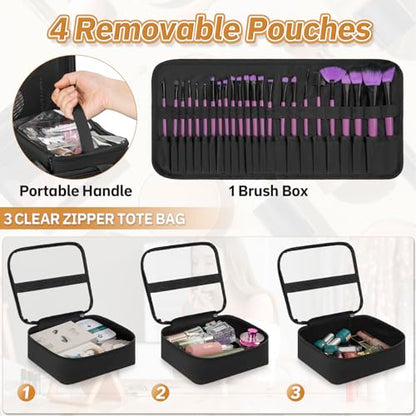 Extra Large Makeup Bag with 3 Removable Pouches and 1 Brush Holder - color: Black