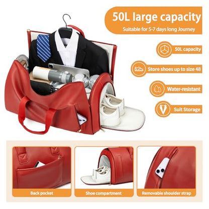 PU Leather Garment Bag, Convertible Garment Duffel Bag for Travel Mens Suit Bag 2 in 4 Waterproof Foldable Carry on Garment Bag with Shoulder Strap Weekender Bag with Shoe Pouch - color: PU-Red