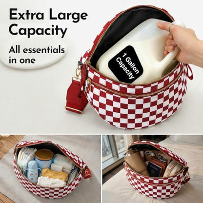 Checkerboard Crossbody Bag for Women, Expandable Plaid Belt Bag Nylon Fanny Pack with Multiple Pockets - color: Red Checkered