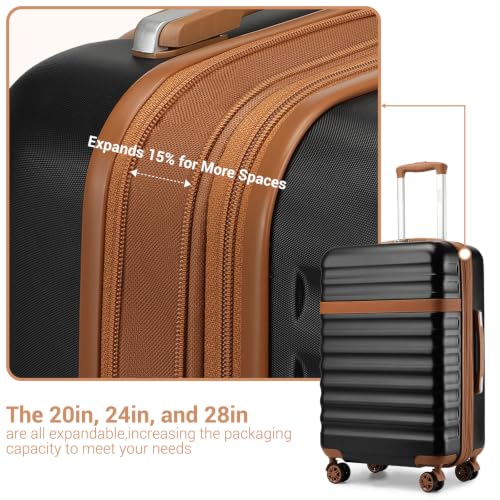 Kono 3-Piece Set 20in Expandable Carry-On Hardshell TSA Lock Black - color: Black/Brown, size: Carry-on travel set (db/tb/20")