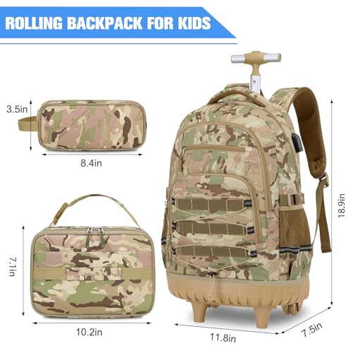 ACESAK 3PCS Camo Rolling Backpack for Boys with Lunch Box Pencil Case - color: Camo Khaki