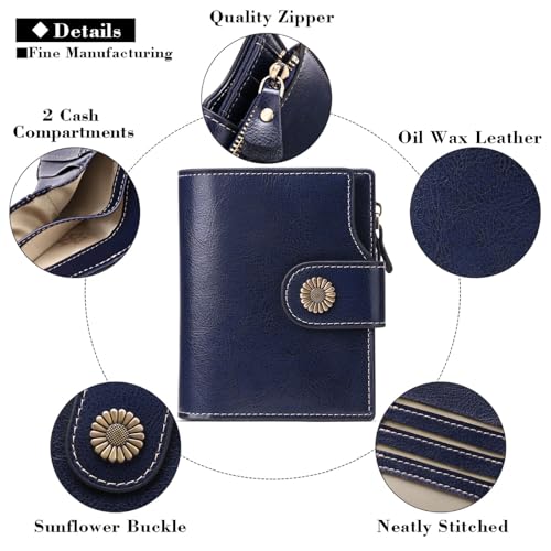 FALAN MULE Small Wallet for Women Leather Bifold Compact Small Womens Wallet with RFID Blocking - color: Deep Blue