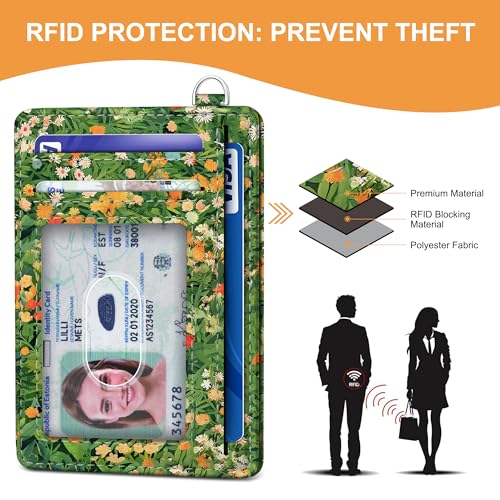 SEAVILIA Small Credit Card Holder for Women, Slim RFID Blocking Wallet - color: Black Cat Floral