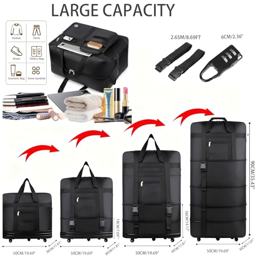42 Inch Expandable Suitcase with Wheels, Waterproof Large Duffel Bag with 5 Silent Wheels & TSA Lock, Lightweight Collapsible Rolling Travel Bag with 2 Packing Straps, Wheeled Luggage for Air Travel - size: L - 5-Wheels with Lock & Starps