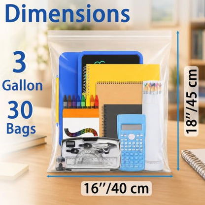 Large 3 Gallon Zippered Plastic Bags for Storage- 16'' x 18'', Ideal for Clothes Clothing, Travel, Moving, 2-mil Thick Clear Plastic, 30 pack - size: 3 gal-30 pack