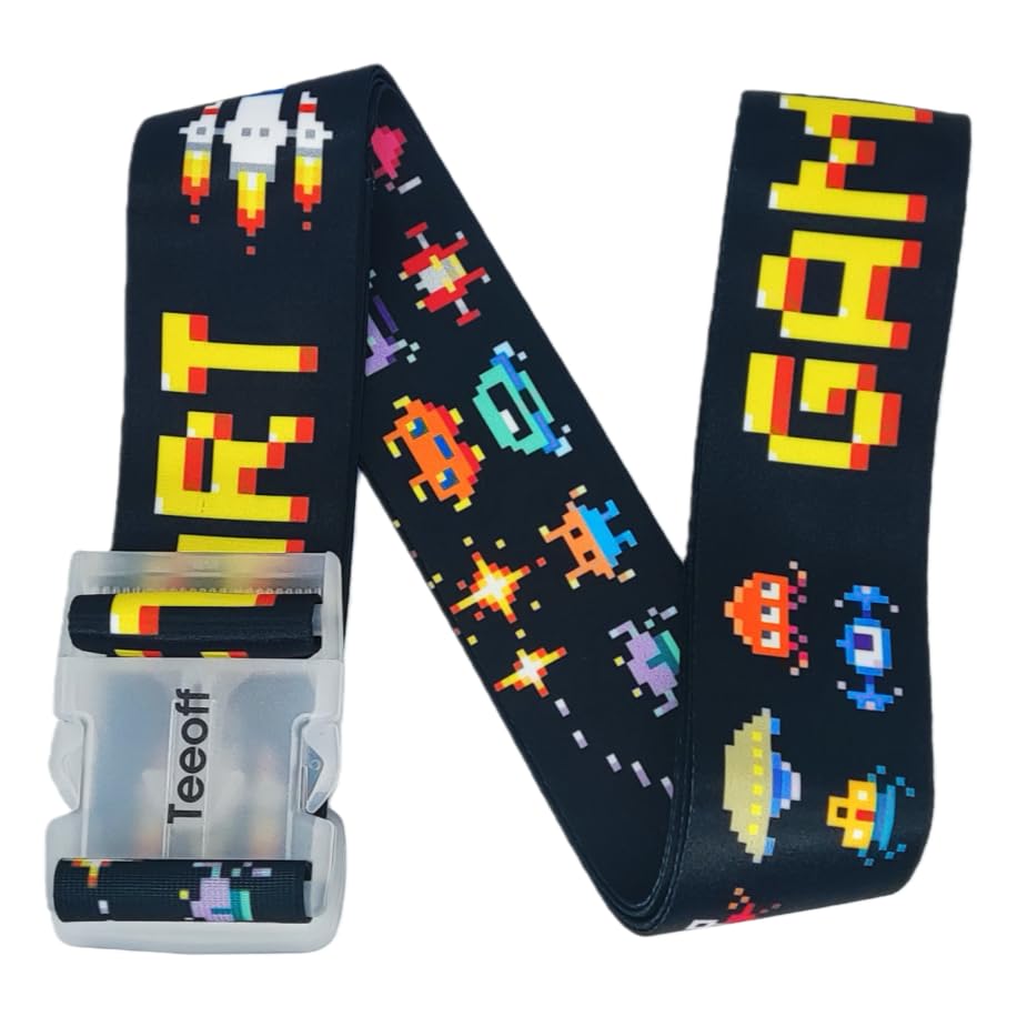 Teeoff 2 Pack Elastic Luggage Straps Adjustable Suitcase Belts Travel Bag Accessories 220CM (Pixel Art: Game Start!) - color: Pixel Art: Game Start!