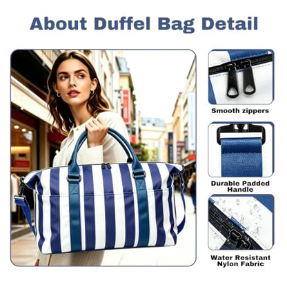 Travel Duffle Bag for Women, Carry On Weekender Tote with Trolley Sleeve - color: Navy Blue White