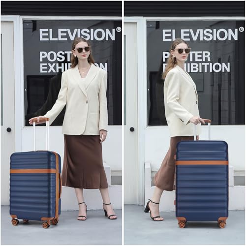 Kono Checked Luggage 28in Expandable Hardside TSA Lock Navy - color: Navy/Brown, size: Checked-large 28-inch