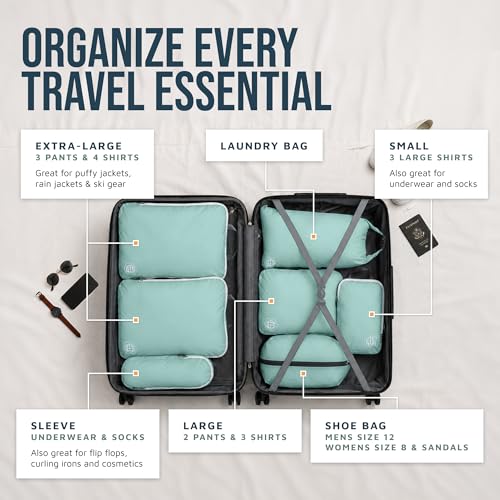TRIPPED Travel Gear Large Compression Packing Cubes 7-Piece Set for Travel - color: DustyTeal/White